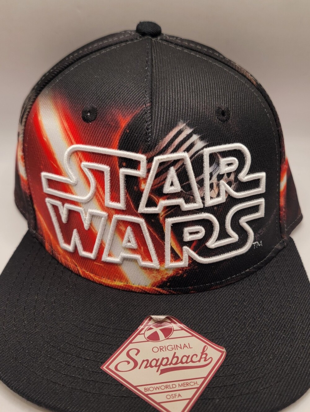 Black Star Wars Snapback Hat with Red and White Flame Graphic